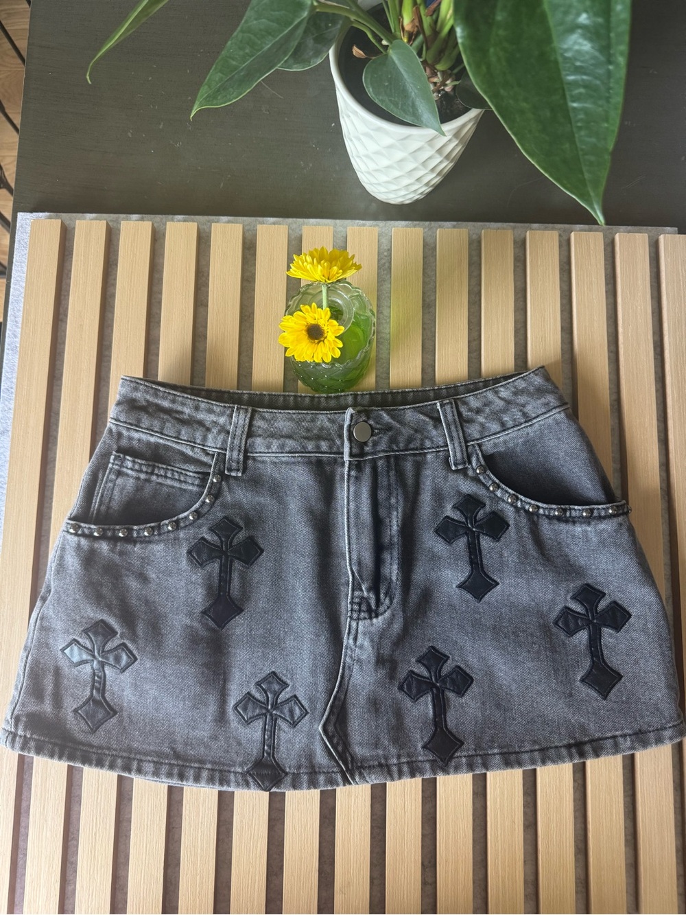 ROMWE Gray Washed Denim Mini Skirt with Black Cross Appliqués